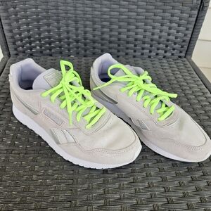Reebok Classic Runner Sneakers in Light Gray with Neon Green Laces